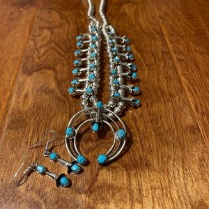 Handcrafted genuine sterling silver and turquoise necklace and earring set